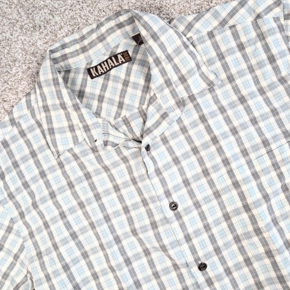 Kahala Mens Plaid Short Sleeve Button Up Shirt Casual‎ Blue Gray Large